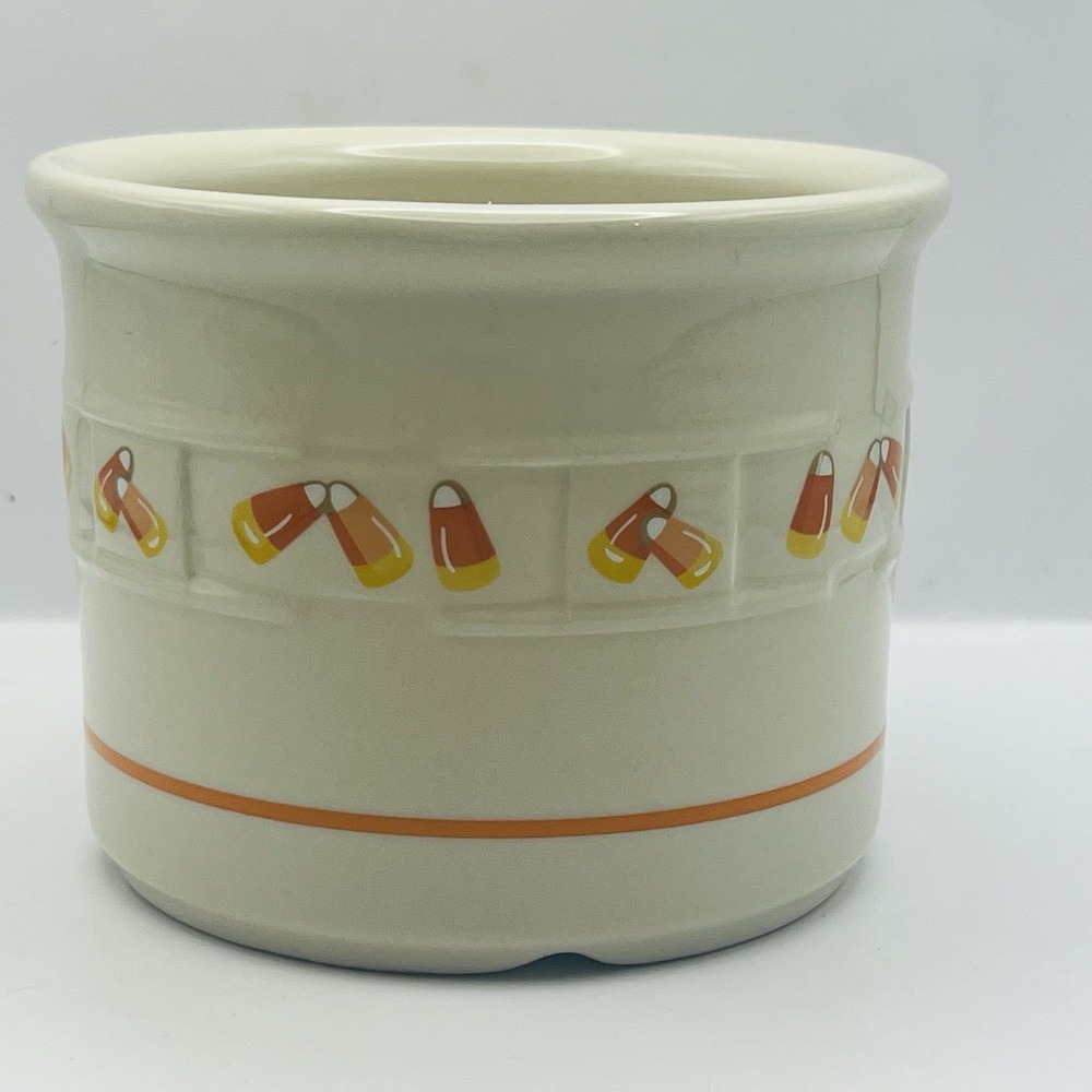 Longaberger Pottery Candy Corn Crock Halloween Fall Ceramic Jar Made in USA 4in